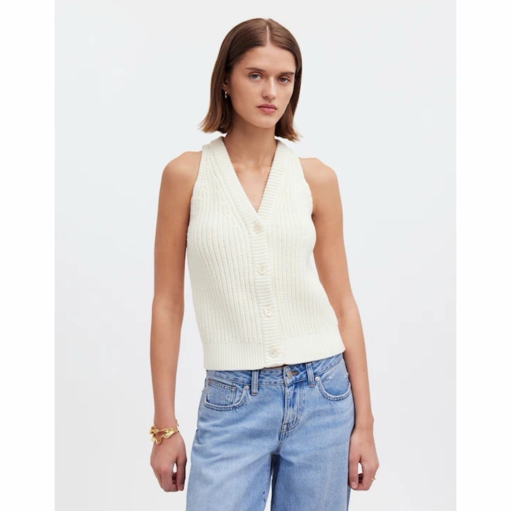 Madewell Cutaway Bright Ivory Knit V Neck Cotton Blend Sweater Vest